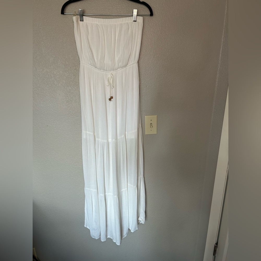 Socialite Strapless Long White Flowy Maxi Dress with Beads BOHO Size S